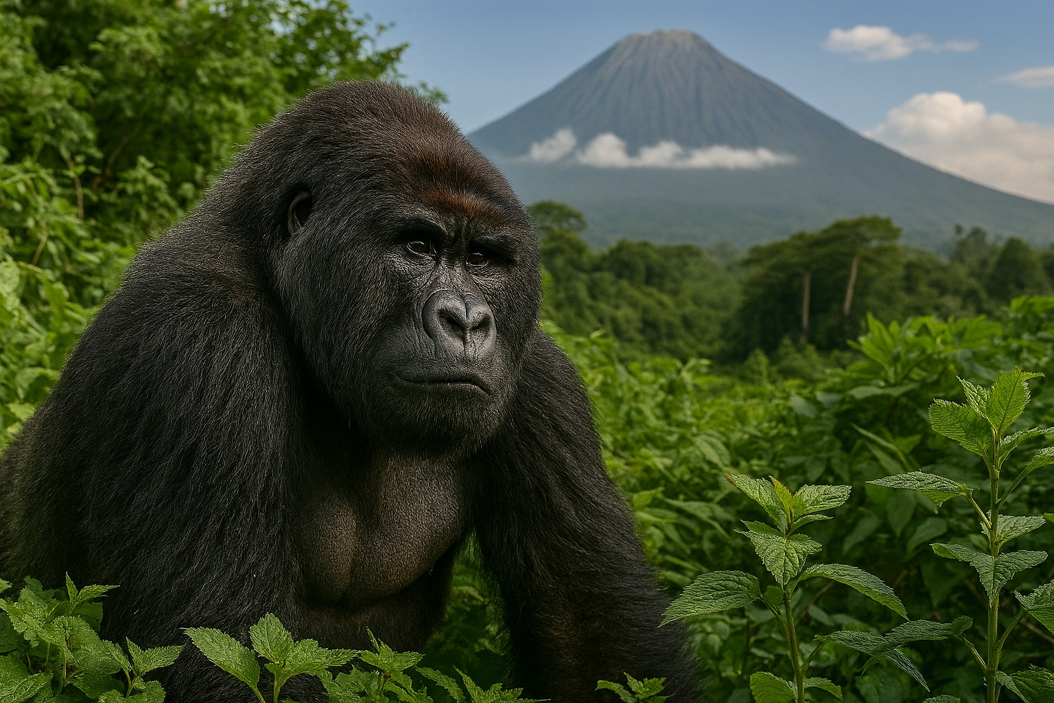 Mountain gorilla among bamboo in Volcanoes National Park, Rwanda